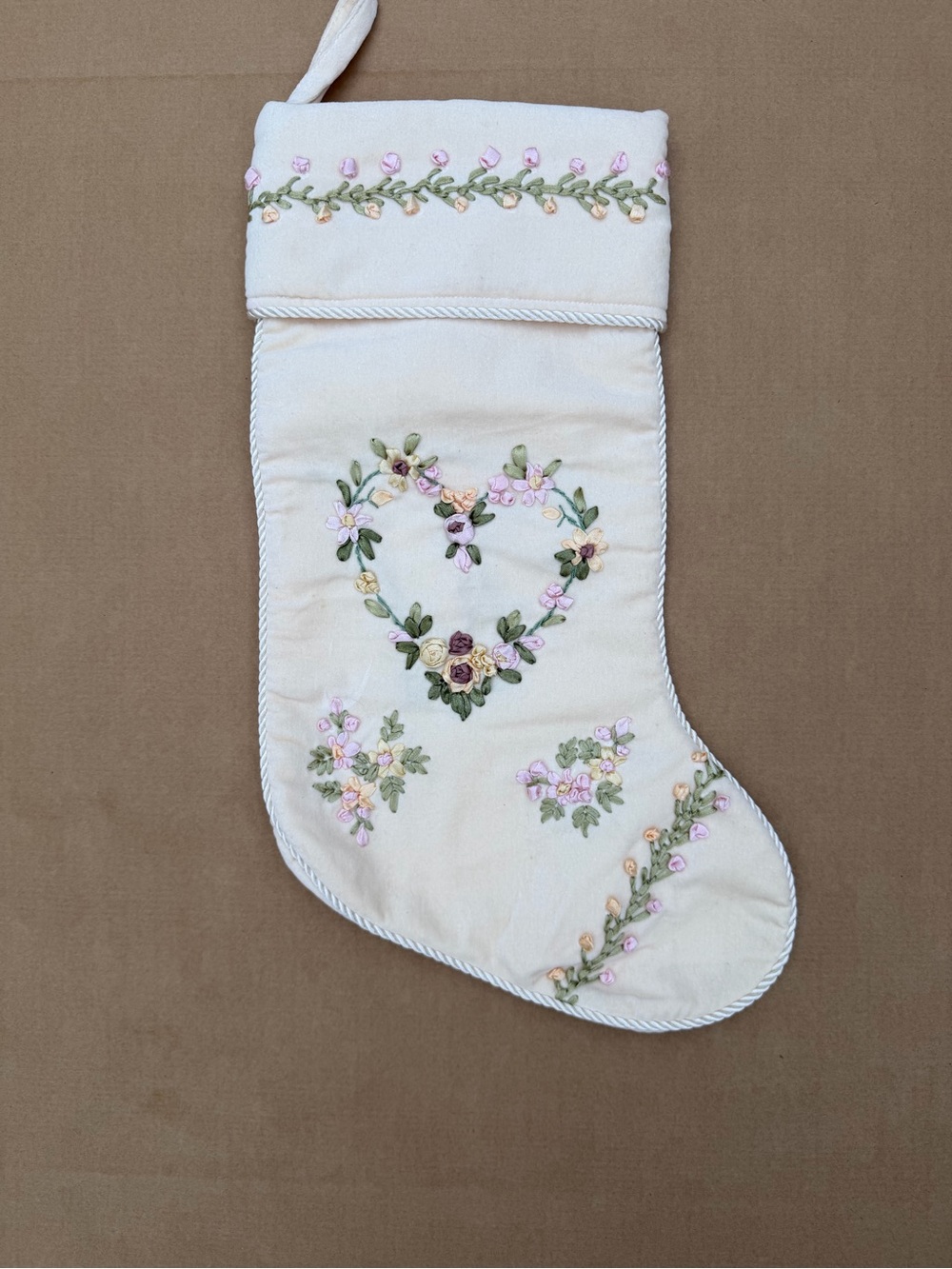 Vintage Velvet Christmas Stocking Ribbon Embroidery Floral 17.5" Ivory